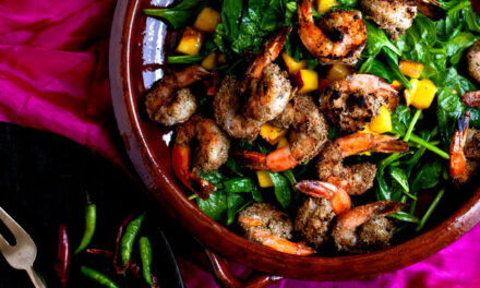 Grilled Shrimp with Wilted Spinach and Peaches