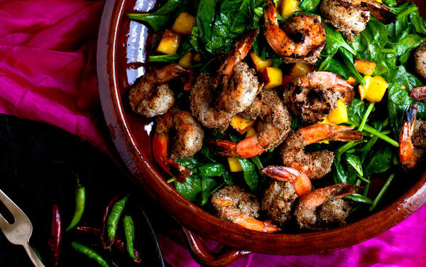 Grilled Shrimp with Wilted Spinach and Peaches