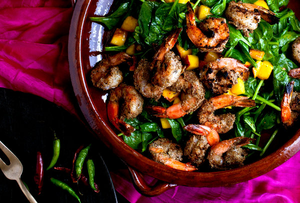 Grilled Shrimp with Wilted Spinach and Peaches