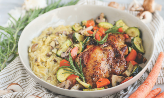 Garlic-Rosemary Butter Roasted Chicken Thighs & Veggies with Mushroom Orzo Risotto Recipe