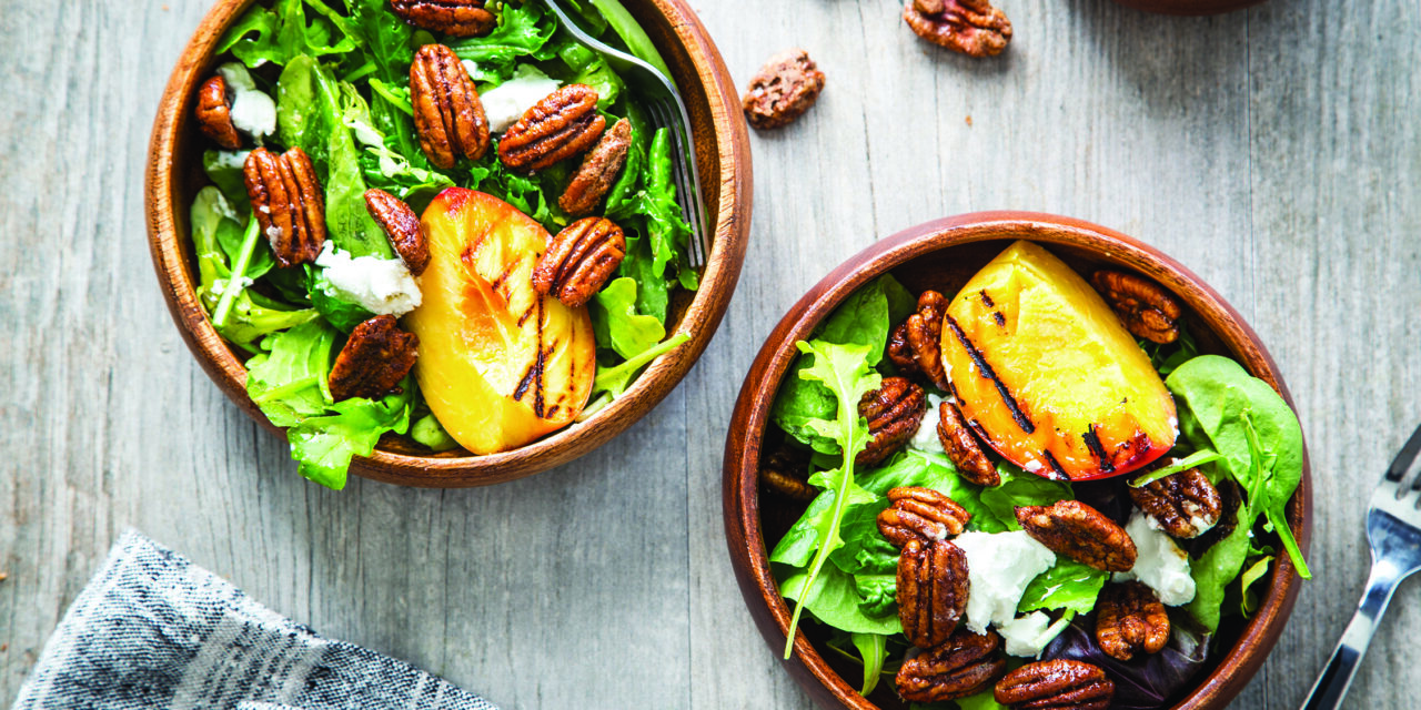 Spiced Pecan Grilled Peach Salad with Goat Cheese